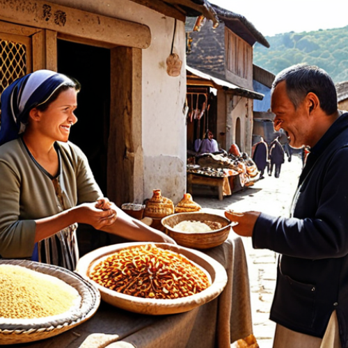 Home 11 **A serene, sun-drenched image of a traveler interacting warmly with a local artisan in a small, traditional village market, showcasing local crafts and cuisine, with a backdrop of historic architecture.**