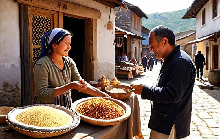 **A serene, sun-drenched image of a traveler interacting warmly with a local artisan in a small, traditional village market, showcasing local crafts and cuisine, with a backdrop of historic architecture.**