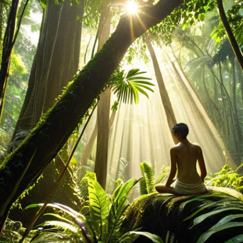 Home 6 **
A serene rainforest scene in Malaysia, golden sunlight filtering through the lush canopy. A lone figure sits in a meditative pose amidst the towering trees, eyes closed, surrounded by vibrant green foliage and the sounds of nature. The scene evokes a sense of peace and connection with the environment.
**