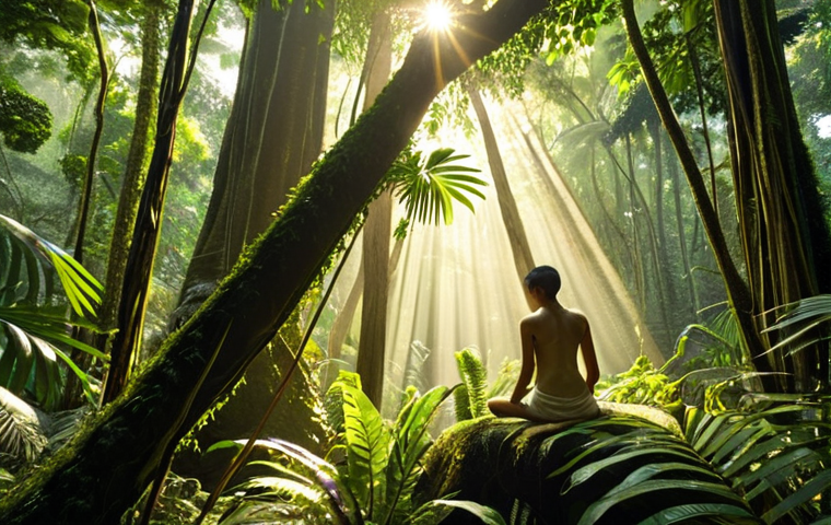 **
A serene rainforest scene in Malaysia, golden sunlight filtering through the lush canopy. A lone figure sits in a meditative pose amidst the towering trees, eyes closed, surrounded by vibrant green foliage and the sounds of nature. The scene evokes a sense of peace and connection with the environment.
**