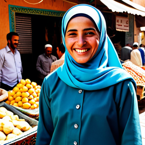"Smile as a Universal Language"**

A woman in modest, professional attire stands in a bustling Moroccan marketplace. She is fully clothed and wears a hijab. Locals surround her. She shares a warm, genuine smile with a vendor. The scene captures the vibrant colors and textures of the market, bathed in warm sunlight. Perfect anatomy, correct proportions, well-formed hands, natural body proportions, safe for work, appropriate content, fully clothed, professional, modest, family-friendly, high resolution, professional photography.

**