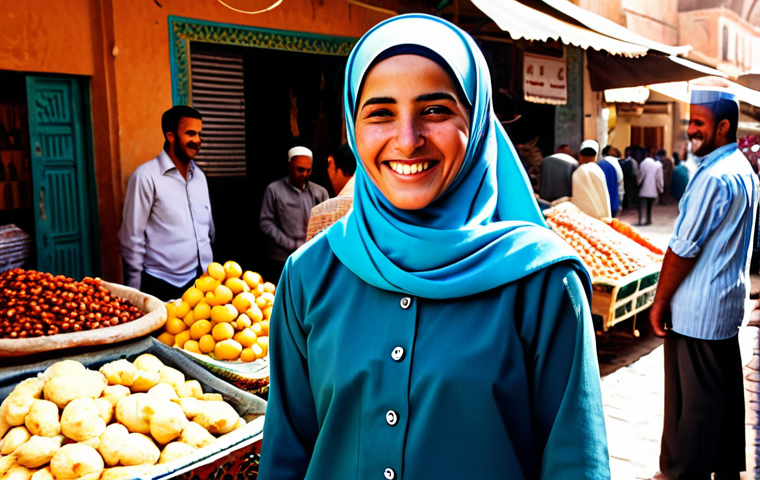 "Smile as a Universal Language"**

A woman in modest, professional attire stands in a bustling Moroccan marketplace. She is fully clothed and wears a hijab. Locals surround her. She shares a warm, genuine smile with a vendor. The scene captures the vibrant colors and textures of the market, bathed in warm sunlight. Perfect anatomy, correct proportions, well-formed hands, natural body proportions, safe for work, appropriate content, fully clothed, professional, modest, family-friendly, high resolution, professional photography.

**