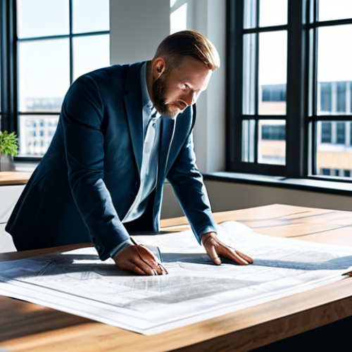 **

"A professional architect, fully clothed in modest attire, reviewing blueprints in a sunlit, modern office space. Natural pose, perfect anatomy, well-formed hands, appropriate content, safe for work, family-friendly, high quality rendering, natural body proportions."

**