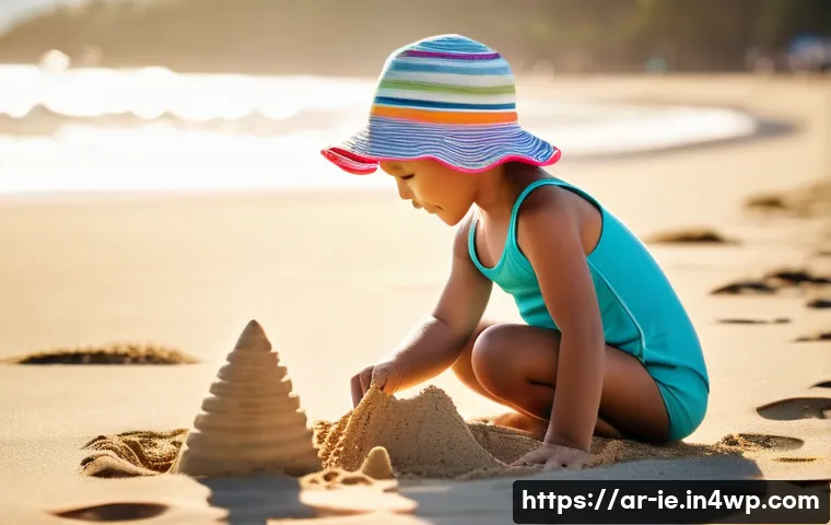 여행 중 자연과의 연결을 느끼기 - **Subject:** A young girl (around 7 years old) building a sandcastle on a sunny beach.

    **Prompt...