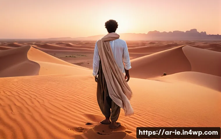 마인드풀 트래블을 실천하는 명상 장소 - **Prompt:** A serene, wide-angle shot of a person standing contemplatively at sunrise in the vast, g...