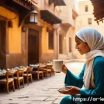 마인드풀 트래블을 위한 여행 스타일 - A serene outdoor café scene in a traditional Middle Eastern setting, featuring an adult woman wearin...