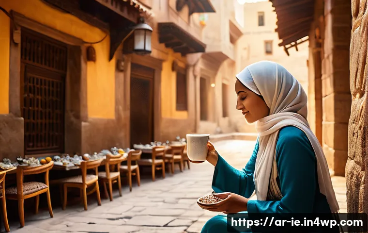마인드풀 트래블을 위한 여행 스타일 - A serene outdoor café scene in a traditional Middle Eastern setting, featuring an adult woman wearin...
