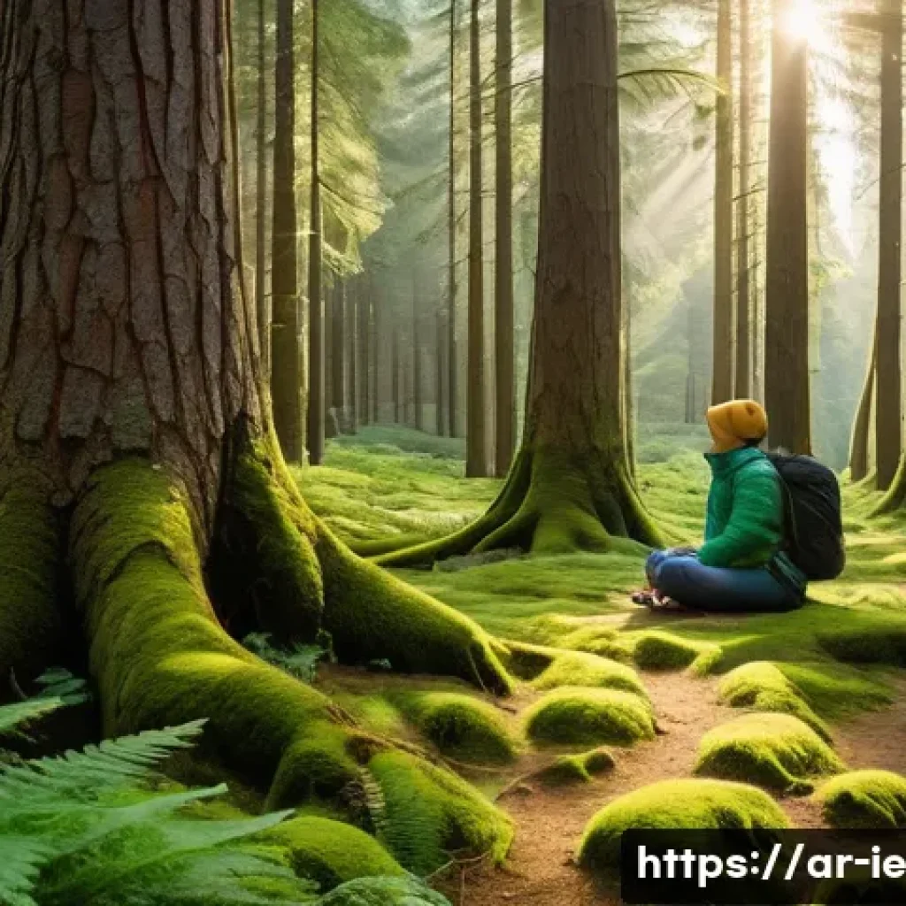 마인드풀 트래블을 위한 여행지 추천 - A serene pine forest in the early morning light, with soft sun rays filtering through tall, dense tr...