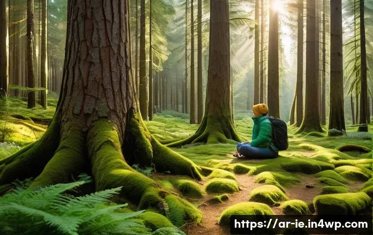 마인드풀 트래블을 위한 여행지 추천 - A serene pine forest in the early morning light, with soft sun rays filtering through tall, dense tr...
