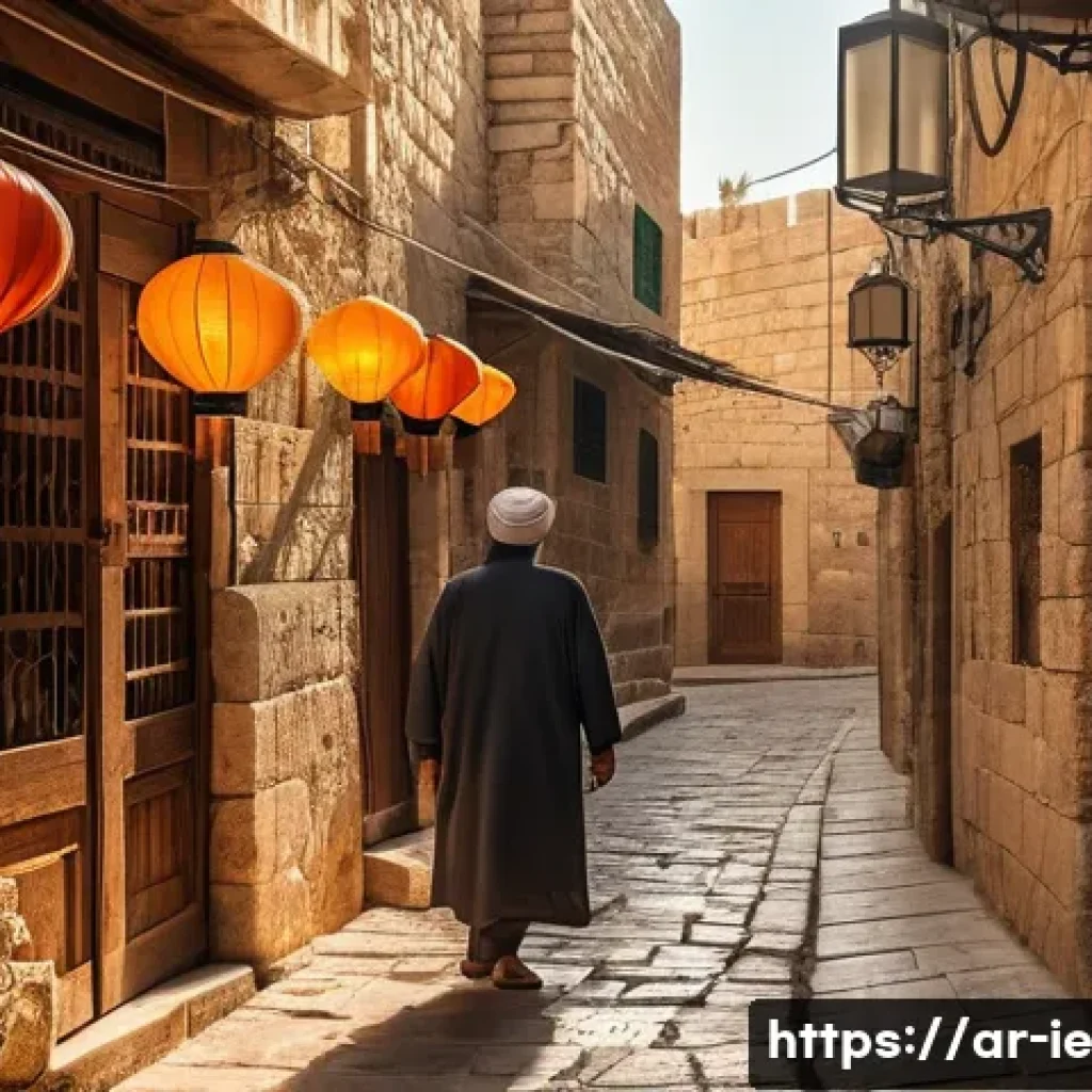 여행 중 순간을 즐기는 방법 - A serene street scene in the old medina of Jerusalem during golden hour, featuring narrow alleys wit...