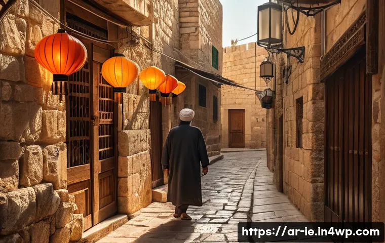 여행 중 순간을 즐기는 방법 - A serene street scene in the old medina of Jerusalem during golden hour, featuring narrow alleys wit...