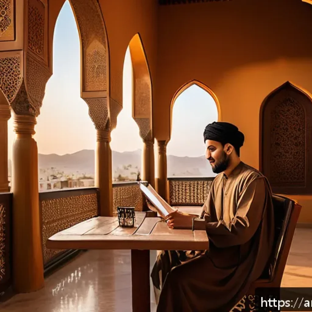 마인드풀 트래블을 위한 저널 작성법 - A serene outdoor scene capturing a Middle Eastern traveler sitting peacefully on a quiet café terrac...