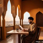 마인드풀 트래블을 위한 저널 작성법 - A serene outdoor scene capturing a Middle Eastern traveler sitting peacefully on a quiet caf&eacute; terrac...
