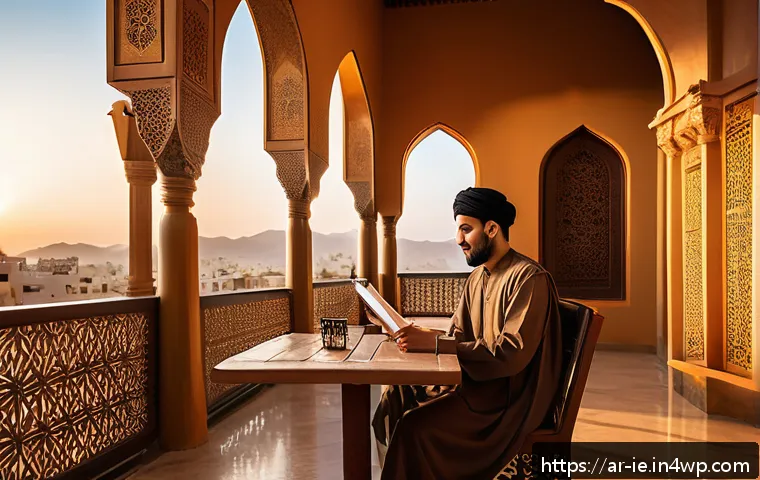 마인드풀 트래블을 위한 저널 작성법 - A serene outdoor scene capturing a Middle Eastern traveler sitting peacefully on a quiet caf&eacute; terrac...