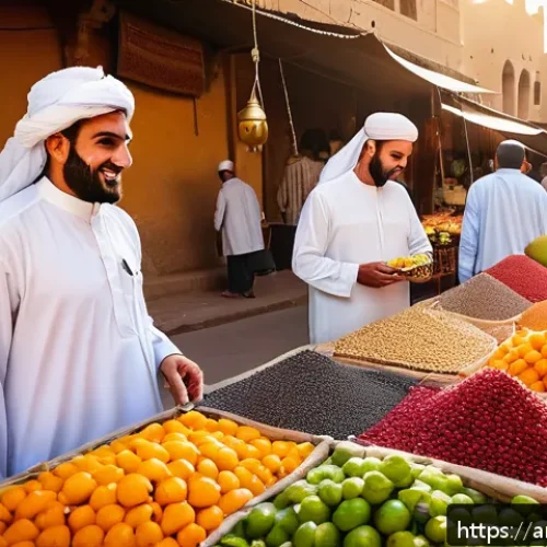 여행 중의 즐거움 찾기 - A vibrant, bustling Middle Eastern local market scene at golden hour, filled with colorful stalls di...
