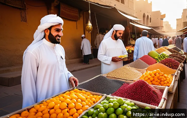 여행 중의 즐거움 찾기 - A vibrant, bustling Middle Eastern local market scene at golden hour, filled with colorful stalls di...