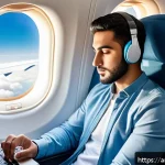 여행 중의 마음 챙김을 위한 환경 조성하기 - A calm and focused Arab male traveler sitting by the window seat inside a modern airplane cabin duri...