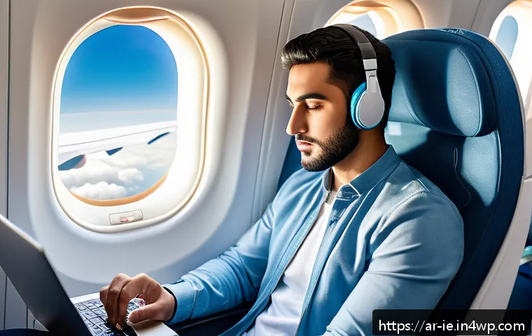 여행 중의 마음 챙김을 위한 환경 조성하기 - A calm and focused Arab male traveler sitting by the window seat inside a modern airplane cabin duri...