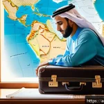 여행에서의 스트레스 관리 방법 - A serene Middle Eastern traveler packing a suitcase in a cozy, sunlit room decorated with traditiona...