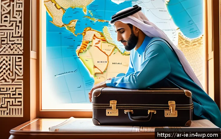 여행에서의 스트레스 관리 방법 - A serene Middle Eastern traveler packing a suitcase in a cozy, sunlit room decorated with traditiona...