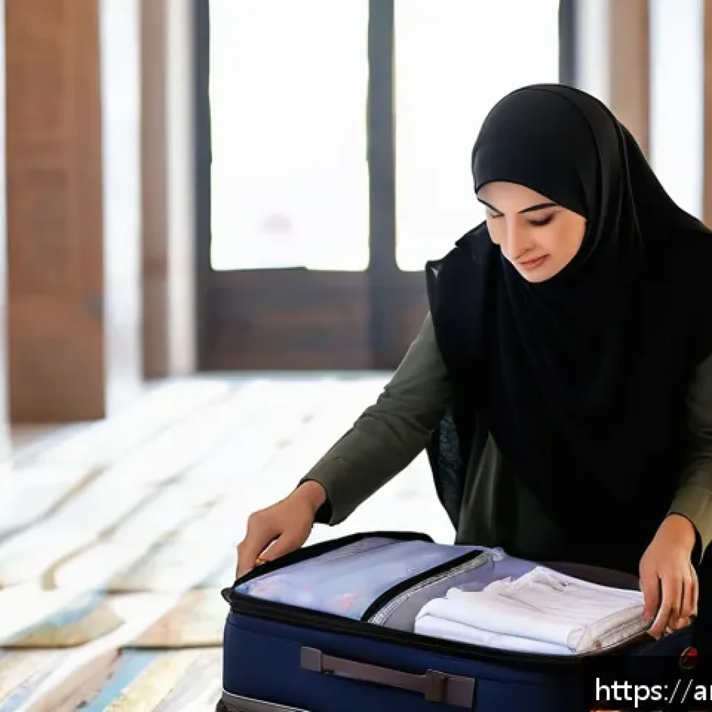여행 준비 시 마음 챙김 체크리스트 - A serene Middle Eastern woman in modest travel attire packing a smartly organized suitcase in a brig...