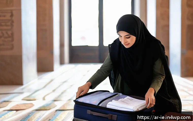 여행 준비 시 마음 챙김 체크리스트 - A serene Middle Eastern woman in modest travel attire packing a smartly organized suitcase in a brig...