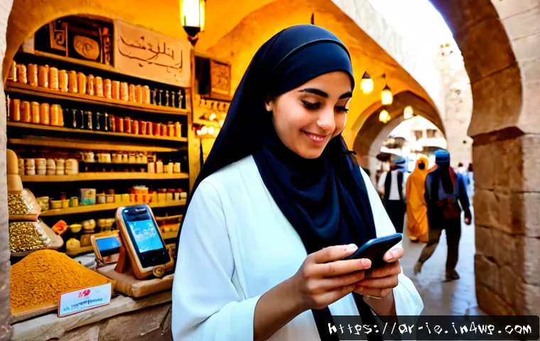 여행에서의 소셜 미디어 활용 방법 - Photorealistic travel scene in a historic Arab souq at golden hour, a modestly dressed Arab woman tr...