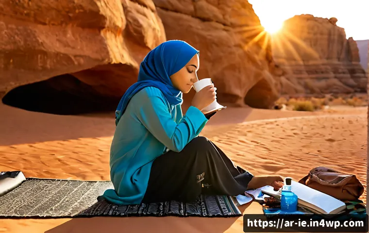 마인드풀 트래블을 위한 작은 습관 만들기 - Photorealistic mindful travel morning ritual in a serene desert camp near ancient sandstone cliffs, ...